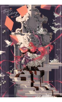 1girl ;o absurdres bag bird black_shoes blue_eyes border breasts dove dress elf elysia_(honkai_impact) elysia_(sweet_memories)_(honkai_impact) happy_birthday hat highres holding holding_bag honkai_(series) honkai_impact_3rd long_hair medium_breasts official_alternate_costume one_eye_closed pink_hair pointy_ears shoes situnainaisheng solo stairs thighhighs tilted_headwear very_long_hair white_border white_dress white_hat white_thighhighs