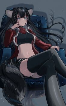1girl absurdres animal_ear_fluff animal_ears bandaid bandaid_on_face black_hair blank_stare blue_eyes chair cocoa commission crop_top highres jacket long_hair looking_at_viewer multicolored_hair sitting skeb_commission sportswear stomach streaked_hair tail thighhighs vrchat