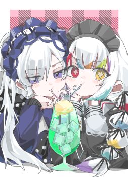 +_+ 2girls :t blue_hairband border commentary_request drinking_straw drinking_straw_in_mouth food gothic_lolita hair_over_one_eye hairband hands_up heterochromia highres ice ice_cream ice_cream_float ice_cube jogasaki_noah juuryoku_(g_9_80665) lolita_fashion lolita_hairband long_hair long_sleeves looking_at_viewer mahou_shoujo_no_majo_saiban maid_headdress multi-tied_hair multicolored_hair multiple_girls natsume_an-an outside_border purple_eyes red_eyes shared_straw streaked_hair upper_body white_border white_hair yellow_eyes