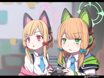 2girls :o animal_ear_headphones animal_ears bags_under_eyes blonde_hair blue_archive blue_necktie blurry blurry_background bow cat_ear_headphones cat_ears commentary_request controller fake_animal_ears game_controller green_eyes green_halo gumakara hair_bow halo headphones highres holding holding_controller holding_game_controller jacket jacket_partially_removed midori_(blue_archive) misskey.io_username momoi_(blue_archive) multiple_girls necktie open_mouth pink_eyes pink_halo playing_games short_necktie siblings sisters twins white_jacket