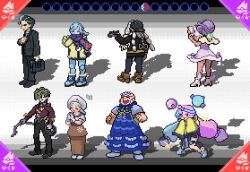4boys 4girls adjusting_clothes adjusting_necktie animated applying_makeup arms_up backwards_hat baseball_cap black_hair black_jacket black_suit blue_hair blue_mittens blue_necktie blue_scarf bouncing_breasts brassius_(pokemon) breasts breath dark-skinned_female dark_skin dreadlocks electricity everyone formal_clothes from_side green_hair grey_hair grusha_(pokemon) hand_to_own_mouth hand_up hat heart holding holding_microphone holding_whip iono_(pokemon) jacket katy_(pokemon) kofu_(pokemon) larry_(pokemon) laughing looking_back makeup microphone mittens multicolored_hair multiple_boys multiple_girls necktie nintendo official_style one_eye_closed own_hands_together parody pixel_art poke_ball poke_ball_(basic) poke_ball_print poke_ball_symbol pokemon pokemon_bw pokemon_bw2 pokemon_sv purple_hair red_shirt roncally ryme_(pokemon) salaryman scarf scarf_over_mouth scratching_head shadow shirt short_hair snow sprite sprite_art streaked_hair striped_clothes striped_scarf style_parody suit tagme tulip_(pokemon) two-tone_hair two-tone_scarf ugoira v_arms video vine_belt whip winking_(animated) yellow_jacket