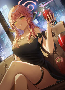 1girl absurdres alcohol alternate_costume arm_bow aru_(blue_archive) black_bow black_dress blue_archive blush bow breasts building city cocktail_dress commentary couch crossed_legs cup ddanzi dress drinking_glass dutch_angle earrings evening_gown feet_out_of_frame grin hand_up highres holding holding_cup horns indoors jewelry large_breasts long_hair looking_at_viewer necklace night o-ring o-ring_thigh_strap on_couch pink_hair short_dress sidelighting sitting skyscraper smile solo strapless strapless_dress thigh_strap thighs water_drop window wine wine_glass wispy_bangs yellow_eyes