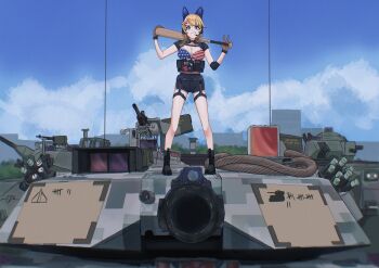 1girl absurdres american_flag american_flag_bikini american_flag_print animal_ear_headphones animal_ears bikini black_boots black_shoes blonde_hair blue_sky boots cat_ear_headphones cat_ears character_request cloud cloudy_sky fake_animal_ears flag_print flag_print_bikini full_body gloves gun hashtag-only_commentary headphones highres holding long_hair looking_at_viewer machine_gun microphone military military_uniform military_vehicle motor_vehicle outdoors print_bikini regent_ulq shoes shorts sky smile solo standing swimsuit tank v war_thunder weapon weapon_request