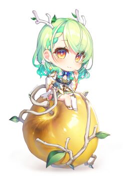Rule 34 | 1girl, antlers, apple, bbcurry013, blue bow, blue bowtie, blue bridal gauntlets, blue dress, blush, bow, bowtie, braid, breasts, bridal gauntlets, ceres fauna, ceres fauna (1st costume), chibi, chibi only, closed mouth, clothing cutout, commentary, dress, flower, food, frilled skirt, frills, fruit, full body, golden apple, gradient hair, green hair, hair flower, hair ornament, highres, hololive, hololive english, horns, large breasts, layered dress, long hair, long sleeves, mole, mole under eye, multicolored hair, oversized food, oversized object, short dress, shoulder cutout, side braid, simple background, single bare foot, single bridal gauntlet, single thighhigh, sitting, sitting on food, skirt, skirt under dress, smile, solo, stirrup legwear, streaked hair, swept bangs, thighhighs, toeless legwear, virtual youtuber, white background, white dress, wide sleeves, yellow eyes