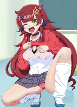 Rule 34 | 1girl, black bow, black choker, bow, bowtie, bra visible through clothes, brown hair, chalkboard, choker, clothes lift, commentary request, dragon musume ni naritakunai!, duel masters, fangs, grey skirt, hair bow, hair ornament, highres, hood, hoodie, hoodie lift, indoors, long hair, loose socks, maguma mega, on one knee, one eye closed, open mouth, panties, pantyshot, partially unbuttoned, plaid clothes, plaid skirt, pvcw5482, red bow, red bowtie, red hoodie, red panties, shoes, skirt, smile, socks, solo, underwear, uwabaki, yellow eyes