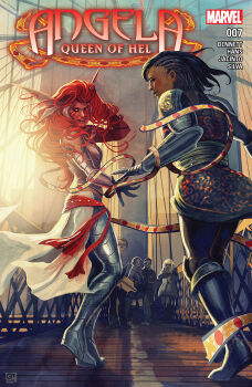 2girls 4others angela_(marvel) armor artist_name black_gloves black_hair black_leggings boots braid breastplate character_name child comic_cover company_name copyright_logo copyright_name couple cover cover_page dark-skinned_female dark_skin gloves greaves grey_armor grey_boots highres leggings logo long_hair marvel multiple_girls multiple_others official_alternate_costume official_art profile reaching reaching_towards_another red_hair red_sash sash sera_(marvel) skateboard smile spiked_headband stephanie_hans thor_(marvel)_(series) tunic western_comics_(style) wife_and_wife yuri