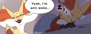 1girl :3 animal_ears animal_nose arrow_(symbol) artist_name black_fur body_fur breasts closed_eyes closed_mouth delphox derivative_work dutch_angle english_text fangs female_focus flat_color fox_ears fox_girl furry furry_female gen_6_pokemon half-closed_eyes happy highres large_breasts looking_to_the_side lying multicolored_fur multiple_views nintendo on_side open_mouth orange_eyes pillow pokemon pokemon_(creature) red_fur signature sleeping smile snout speech_bubble symest talking tongue twitter_username u_u under_covers white_fur yellow_fur zzz