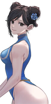 1girl absurdres blue_one-piece_swimsuit braid braided_hair_rings breasts brown_eyes brown_hair capcom casual_one-piece_swimsuit chun-li commentary_request cowboy_shot donut_hair_bun double_bun earrings hair_bun hair_rings highres jewelry looking_at_viewer official_alternate_costume one-piece_swimsuit piroaki short_hair solo street_fighter street_fighter_6 swimsuit white_background