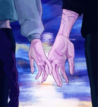 Rule 34 | 1boy, 1girl, arm markings, black jacket, black pants, braid, commentary, couple, cropped hoodie, fingernails, grey hoodie, hand focus, hetero, highres, holding hands, hood, hoodie, jacket, jinu (kpop demon hunters), kpop demon hunters, long fingernails, long hair, midriff, pants, purple hair, rumi (kpop demon hunters), s3wo43n, single braid, symbol-only commentary, very long hair