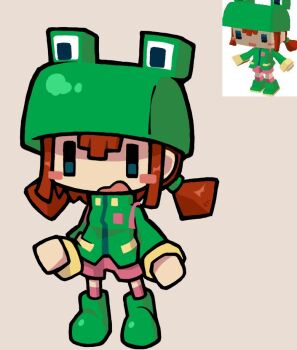 Rule 34 | 1girl, bag, blue eyes, blush stickers, boots, brown hair, chibi, chibi only, commentary, english commentary, frog hat, full body, green boots, green jacket, hat, jacket, long sleeves, low twintails, minecraft, open mouth, pink shorts, pink socks, rana (minecraft), reference inset, short hair, short twintails, shorts, simple background, socks, solo, thick lineart, tnepseven7, twintails, yellow background