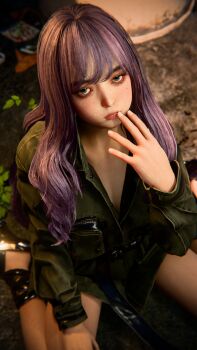 1girl 3d black_shoes closed_mouth female_focus freckles green_eyes highres kaya_(stellar_blade) long_hair looking_at_viewer non-web_source purple_hair shoes sitting solo spread_legs stellar_blade tagme