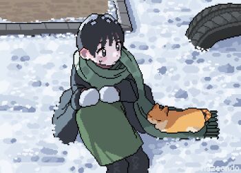 1girl animal artist_name black_hair black_jacket cat commentary dress green_dress green_scarf hashtag-only_commentary jacket looking_at_animal mittens nazeondo on_ground original pixel_art scarf short_hair sitting snow solo sweatdrop unused_tire white_mittens winter winter_clothes