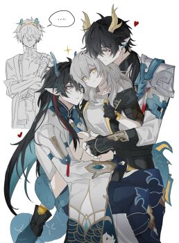 ... 00rml 1girl 3boys aqua_hair black_gloves black_hair black_jacket blue_eyes boy_sandwich closed_mouth colored_inner_hair commentary crossed_arms dan_heng_(honkai:_star_rail) dan_heng_(hunt)_(honkai:_star_rail) dan_heng_(imbibitor_lunae)_(honkai:_star_rail) dan_heng_(permansor_terrae)_(honkai:_star_rail) dragon_horns dragon_tail eastern_dragon_horns eyeliner gloves green_horns grey_hair hair_between_eyes hair_over_shoulder heart hetero highres honkai:_star_rail honkai_(series) horns hug jacket long_hair looking_at_another looking_at_viewer makeup multicolored_hair multiple_boys multiple_persona pointy_ears ponytail red_eyeliner sandwiched shirt simple_background sitting sitting_on_lap sitting_on_person smile spoken_ellipsis stelle_(honkai:_star_rail) symbol-only_commentary tail trailblazer_(honkai:_star_rail) very_long_hair white_background white_shirt yellow_eyes yellow_horns