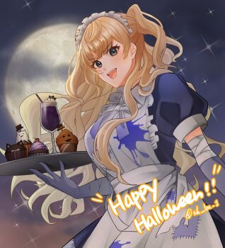 1girl apron blonde_hair blue_dress blue_eyes commentary_request cupcake dress drink elbow_gloves food frilled_jacket frills full_moon gloves grey_gloves hair_ornament hairclip halloween halloween_costume happy_halloween highres holding holding_tray jacket kantai_collection long_hair maid maid_headdress minneapolis_(halloween)_(kancolle) minneapolis_(kancolle) moon night night_sky open_mouth patchwork_clothes shi_ba_1 sky solo tray two_side_up upper_body wavy_hair white_apron