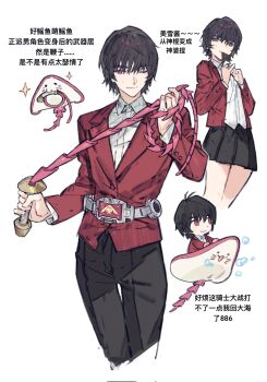 Rule 34 | 1boy, 1girl, advent deck, black hair, chinese text, closed mouth, collared shirt, evildiver, genderswap, genderswap (mtf), gougougougou, hand up, hands up, highres, holding, holding weapon, jacket, kamen rider, kamen rider ryuki (series), lapels, long sleeves, looking at viewer, multiple views, notched lapels, one eye closed, red eyes, red jacket, rider belt, shirt, short hair, smile, sparkle, tezuka miyuki, translation request, weapon