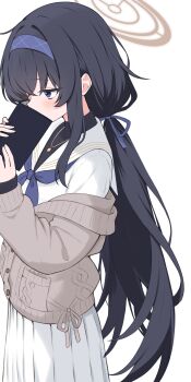 1girl absurdres black_hair black_sweater blue_archive blue_eyes blush book brown_cardigan brown_halo cardigan commentary_request cowboy_shot crossed_bangs gold_necklace grey_cardigan hair_tie hairband halo highres holding holding_book jewelry kurumi_kororin long_hair low_twintails neckerchief necklace profile purple_hairband purple_neckerchief sailor_collar school_uniform serafuku simple_background skirt sweater turtleneck turtleneck_sweater twintails ui_(blue_archive) very_long_hair white_background white_sailor_collar white_serafuku white_skirt