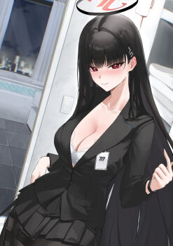1girl absurdres black_hair black_jacket black_skirt blazer blue_archive blush bra breasts bwalg_(aftv5725) cleavage commentary_request hair_ornament hairclip halo highres holster jacket large_breasts long_hair looking_at_viewer pleated_skirt red_eyes ringed_eyes rio_(blue_archive) skirt smile solo thigh_holster underwear variant_set watch white_bra wristwatch