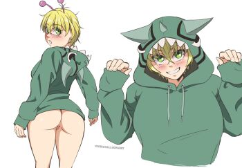 1girl antennae arms_up ass back blonde_hair blush bottomless dandadan front_and_back green_eyes highres hood hood_down hoodie kristallion looking_at_viewer looking_over_shoulder messy_hair no_panties no_pants pussy short_hair star_(symbol) star_in_eye symbol_in_eye thick_thighs thighs vamola_(dandadan)