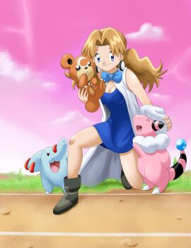 1girl absurdres aged_up aggrav8edartist bad_id bad_pixiv_id blue_dress blue_eyes boots bow breasts brown_hair cleavage dress earrings flaaffy gen_2_pokemon highres jewelry long_hair molly_hale nintendo on_one_knee phanpy pokemon pokemon_(anime) pokemon_(classic_anime) pokemon_(creature) pokemon_3:_the_movie_-_spell_of_the_unown:_entei short_dress sleeveless sleeveless_dress smile teddiursa