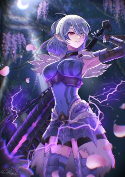 1girl :3 blue_eyes breasts commentary facial_scar fang fang_out general_geega grey_hair hair_between_eyes heterochromia highres holding holding_weapon indie_virtual_youtuber long_hair multicolored_hair petals pointy_ears red_eyes scar scar_on_cheek scar_on_face shiroranpaku smile solo virtual_youtuber weapon