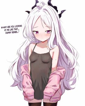 1girl absurdres ahoge blue_archive blush breasts commentary_request demon_girl demon_horns flygombal highres hina_(blue_archive) horns long_hair looking_at_viewer off_shoulder purple_eyes simple_background small_breasts solo standing white_background white_hair