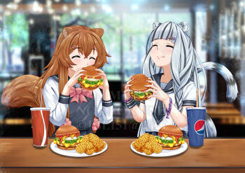 2girls ^_^ absurdres alternate_costume animal_ear_fluff animal_ears atla_fayon black_hair blunt_bangs blush bow bowtie bracelet braid breasts brown_hair burger closed_eyes coca-cola commentary cup day disposable_cup eating english_commentary facing_food facing_object facing_up food food_request grey_neckerchief grey_sailor_collar grey_skirt grey_vest hair_between_eyes hair_ornament hairclip hands_up happy highres holding holding_burger holding_food ibli51 indoors jewelry light_smile location_request long_sleeves messy_hair multicolored_hair multiple_girls neckerchief pepsi pink_bow pink_bowtie plate puffy_cheeks raccoon_ears raccoon_girl raccoon_tail raphtalia sailor_collar school_uniform serafuku shirt short_sleeves single_braid skirt small_breasts standing tail tate_no_yuusha_no_nariagari tiger tiger_ears tiger_girl tiger_tail two-tone_hair upper_body vest waffle_fries watermark white_hair white_serafuku white_shirt white_tiger
