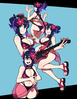 1girl absurdres aneurysm_ax bikini black_bikini black_hair black_nails blue_eyes blush breasts cleavage closed_eyes closed_mouth collarbone flower guitar hair_flower hair_ornament highres holding holding_guitar holding_instrument instrument large_breasts looking_at_viewer multicolored_hair navel open_mouth original own_hands_together ponytail purple_hair sandals short_hair short_ponytail smile solo swimsuit two-tone_hair v