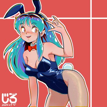 1girl animal_ears black_leotard bow bowtie breasts cleavage collarbone cone_horns covered_navel cowboy_shot detached_collar fake_animal_ears fake_tail fishnet_pantyhose fishnets green_hair hashtag-only_commentary highres horns jirohhb leotard long_hair lum orange_eyes pantyhose playboy_bunny rabbit_ears rabbit_tail red_background red_bow red_bowtie simple_background small_breasts small_horns solo strapless strapless_leotard tail urusei_yatsura yellow_horns