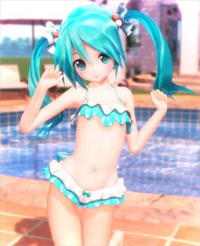 3d aged_down aqua_eyes aqua_hair barefoot bikini blush child feet flat_chest frilled_bikini frills hatsune_miku hatsune_miku_(appearance_miku) highres knees_together_feet_apart long_hair looking_at_viewer navel pool swimsuit twintails very_long_hair vocaloid