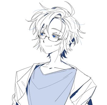 Rule 34 | 1boy, blue eyes, blue shirt, closed mouth, collarbone, commentary request, glasses, greyscale, highres, jacket, jigoneogul, kanou aogu, korean commentary, lapels, male focus, monochrome, notched lapels, open clothes, open jacket, saibou shinkyoku, semi-rimless eyewear, shirt, short hair, simple background, smile, solo, spot color, upper body, white background
