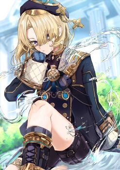 1boy arm_support beret black_gloves black_shorts blonde_hair blue_eyes blurry blurry_background bush buttons commentary_request double-breasted freckles freminet_(genshin_impact) genshin_impact gloves hair_over_one_eye hat highres knee_up long_sleeves looking_at_viewer male_focus parted_lips pillar sahi00000 short_hair shorts sitting solo thighs water water_drop
