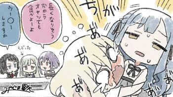 Rule 34 | 5girls, :3, ave mujica (bang dream!), bang dream!, bang dream! it's mygo!!!!!, black hair, blonde hair, blue eyes, blue hair, chibi, commentary request, crying, green hair, highres, hug, long hair, misumi uika, miyaji, multiple girls, navel, open mouth, pink eyes, purple hair, shirt, togawa sakiko, translation request, wakaba mutsumi, white shirt, yahata umiri, yellow eyes, yuutenji nyamu