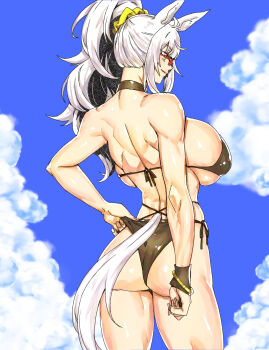 1girl abs absurdres alternate_costume alternate_hairstyle animal_ears ass bikini bikini_pull biwa_hayahide_(umamusume) black_bikini black_choker blue_sky breasts choker clothes_pull cloud cloudy_sky commentary_request cowboy_shot criss-cross_halter day from_behind glasses grey_hair halterneck highres horse_ears horse_girl horse_tail huge_breasts long_hair minew navel outdoors ponytail red-framed_eyewear semi-rimless_eyewear sky smile solo swimsuit tail thighs umamusume yellow_eyes