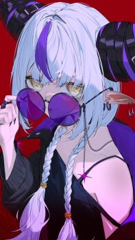 1girl absurdres adjusting_eyewear black_jacket black_shirt braid demon_girl demon_horns ear_piercing earrings gam_1124 grey_hair hand_on_eyewear hashtag-only_commentary highres hololive horns jacket jewelry la+_darknesss long_hair looking_at_viewer multicolored_hair nail_polish piercing pointy_ears purple_hair purple_nails red_background ring round_eyewear shirt simple_background solo streaked_hair striped_horns sunglasses twin_braids virtual_youtuber yellow_eyes