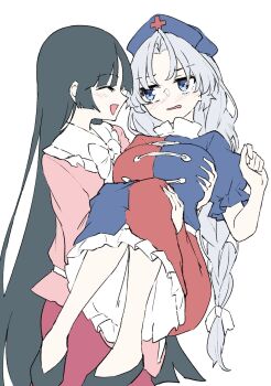 2girls black_hair black_shoes blue_dress blue_eyes blush bow bowtie braid breasts carrying carrying_person closed_eyes collared_shirt commentary_request cross deetamu dress frilled_shirt_collar frills grabbing_another&#039;s_breast grey_hair groping hat highres houraisan_kaguya large_breasts long_hair multiple_girls nurse_cap open_mouth pink_shirt pink_skirt princess_carry puffy_short_sleeves puffy_sleeves red_cross red_dress shirt shoes short_sleeves simple_background single_braid skirt smile touhou two-tone_dress very_long_hair white_background white_bow white_bowtie yagokoro_eirin yuri