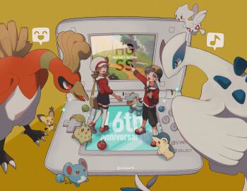 1boy 1girl apricorn backwards_hat baseball_cap beak bird black_hair blue_overalls blush bow brown_eyes brown_hair chikorita closed_eyes closed_mouth cyndaquil emoticon ethan_(pokemon) flying gen_2_pokemon handheld_game_console hat hat_bow highres ho-oh jacket legendary_pokemon long_hair long_sleeves lugia lyra_(pokemon) marill mikakami1e newsboy_cap nintendo nintendo_ds open_mouth overalls pants pichu pokemon pokemon_(creature) pokemon_hgss red_jacket red_shirt ribbon screen shirt short_hair smile thighhighs togetic twintails white_hat white_thighhighs wings yellow_bag