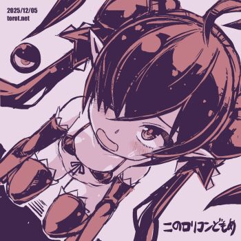 1girl ahoge all_fours backbeako_(torotei) backbeard blush commentary dated dated_commentary dutch_angle elbow_gloves flat_chest front-tie_bra gegege_no_kitarou gloves hair_over_one_eye hair_ribbon kono_lolicon_domome loli long_hair looking_at_viewer monochrome one_eye_closed open_mouth original paid_reward_available pink_background pink_theme pointy_ears ribbon simple_background solo sweatdrop thighhighs torotei translated twintails underwear underwear_only very_long_hair watermark web_address