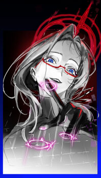 1girl absurdres black_gloves blue_eyes from_below glasses gloves halo highres maila_moguyu moore_(path_to_nowhere) path_to_nowhere portrait red-framed_eyewear science_fiction smile solo