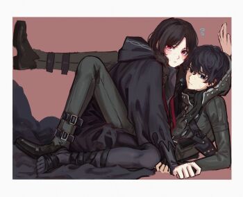 Rule 34 | 1boy, 1girl, baixiang1234567, black eyes, black hair, black jacket, black pants, black robe, chinese commentary, commentary request, fate/strange fake, fate (series), highres, hood, hooded jacket, jacket, long hair, long sleeves, looking at viewer, looking to the side, no name assassin (fate), pants, parted bangs, red eyes, robe, sigma (fate)