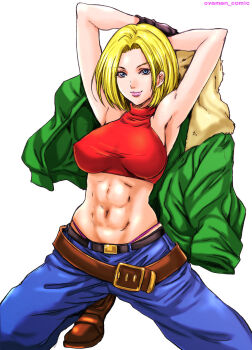 1girl blonde_hair blue_eyes blue_mary breasts coat female_focus huge_breasts large_breasts looking_at_viewer nipples oyaman oyaman_comic pale_skin pants short_hair the_king_of_fighters thick_thighs thighs undressing