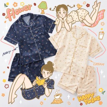 2girls 3kaku_illust ad barefoot bird blue_pajamas book braid brown_hair closed_mouth coffee_mug commentary cup english_text flower full_body grey_background hair_bun hair_ornament hairclip head_on_hands highres holding holding_book looking_at_viewer lying medium_hair milk mug multiple_girls on_back on_side open_book original outline pajamas parted_hair promotional_art short_hair short_sleeves shorts siblings simple_background tree twin_braids twins