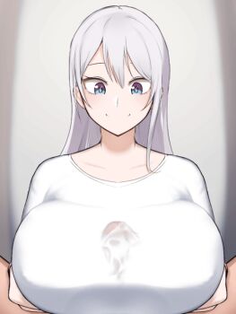 1boy 1girl 20s animated animated_gif artist_request between_breasts blue_eyes bottomless bouncing bouncing_breasts breast_lift breast_press breasts closed_mouth collarbone crossed_arms erection hair_between_eyes hetero kisaragi_reona kyuukyoku_shinka_shita_full_dive_rpg_ga_genjitsu_yori_mo_kusoge_dattara large_breasts light long_hair looking_at_penis looping_animation paizuri paizuri_on_lap paizuri_under_clothes penis pov rubbing see-through_clothes shirt short_sleeves silver_hair smile solo_focus staring sweat swept_bangs uncensored white_shirt