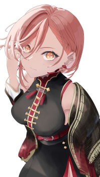 1girl absurdres black_dress braid braided_ponytail breasts chinese_clothes dress earrings highres hololive jewelry large_breasts long_hair looking_at_viewer pink_hair sleeveless sleeveless_dress solo takane_lui takane_lui_(china_dress) tassel user_xzuc2232 virtual_youtuber