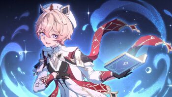 Rule 34 | 1boy, beret, black gloves, book, cape, chinese commentary, commentary request, dahlia (genshin impact), genshin impact, gloves, hair between eyes, hat, holding, holding book, long sleeves, looking at viewer, male focus, open book, open mouth, pink hair, purple eyes, red cape, shirt, short hair, smile, solo, sucui qiuqiu, upper body, white hat, white shirt