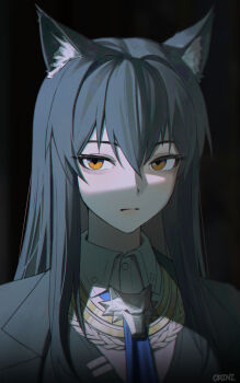 1girl absurdres animal_ear_fluff animal_ears arknights artist_name black_background black_hair black_jacket closed_mouth collared_shirt commentary english_commentary hair_between_eyes highres jacket long_hair looking_at_viewer official_alternate_costume orini shirt simple_background solo staring texas_(arknights) texas_the_omertosa_(arknights) white_shirt wolf_ears wolf_girl yellow_eyes
