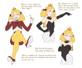 Rule 34 | 1girl, bingbingzi, blonde hair, blue eyes, bow, crown, drill hair, high heels, key, lock princess (bingbingzi), mesugaki, mini crown, original, polka dot, princess, white background