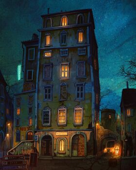 2023 building drainpipe francisco_fonseca highres hotel motor_vehicle night no_humans open_door original power_lines road_sign sign suburb truck window window_light