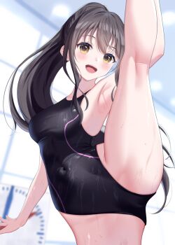 Rule 34 | 1girl, armpits, bare shoulders, black hair, black one-piece swimsuit, blush, breasts, brown eyes, commentary request, competition swimsuit, covered navel, hominotsu, leg up, long hair, looking at viewer, medium breasts, one-piece swimsuit, open mouth, original, ponytail, smile, solo, split, standing, standing on one leg, standing split, swimsuit, teeth, upper teeth only, water, wet, wet clothes, wet swimsuit