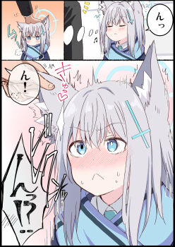 1girl 1other :&lt; akane_souichi ambiguous_gender blue_archive blue_eyes blue_halo blue_necktie blue_scarf blush closed_eyes collared_shirt commentary_request fingernails grabbing_another&#039;s_ear grey_hair halo hand_on_another&#039;s_ear headpat highres long_sleeves mismatched_pupils necktie nose_blush notice_lines puff_of_air scarf sensei_(blue_archive) shiroko_(blue_archive) shirt speech_bubble surprised sweat translation_request waiting_for_headpat white_shirt