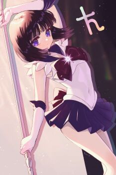 1girl armpits back_bow bishoujo_senshi_sailor_moon black_hair blunt_bangs blunt_ends bow bowtie brooch choker circlet commentary earrings elbow_gloves gem gloves highres jewelry miniskirt pleated_skirt purple_bow purple_bowtie purple_choker purple_eyes purple_gemstone purple_sailor_collar purple_skirt sailor_collar sailor_saturn saturn_symbol shirt short_hair short_sleeves silence_glaive skirt sleeveless sleeveless_shirt solo star_(symbol) star_choker star_ornament symbol-only_commentary tomoe_hotaru white_gloves white_shirt yyemoyy